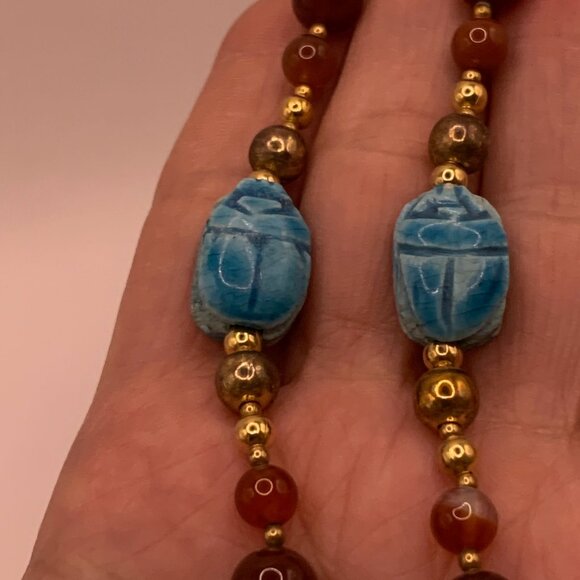 Carnelian Jasper Aqua Scarab Vintage Handmade Beaded Necklace J699 - Picture 9 of 11